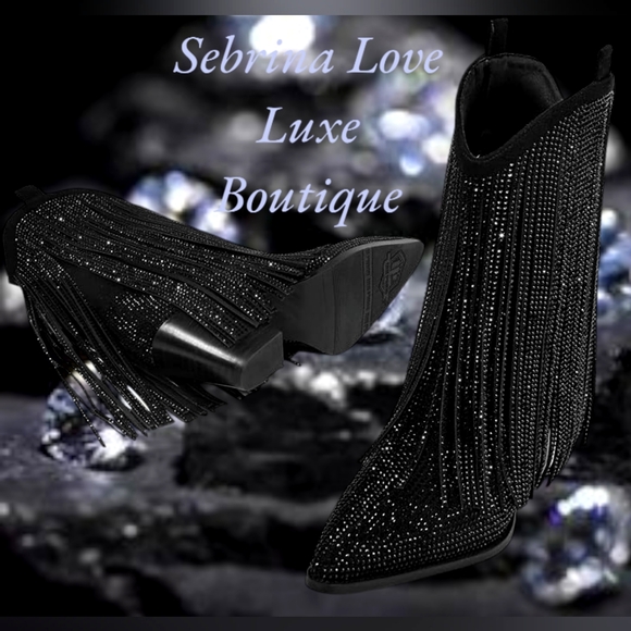 Black Rhinestone Fringe Boho Festival Western Boots - Picture 2 of 8